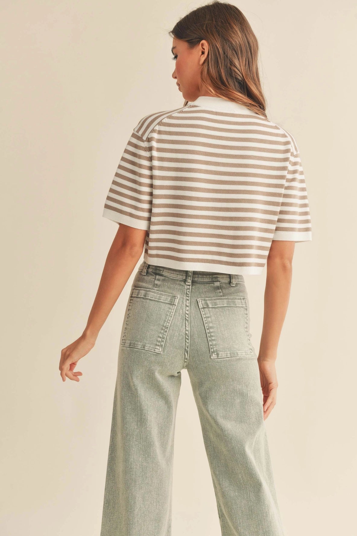 Short Sleeve Stripe Pattern Knitted Top