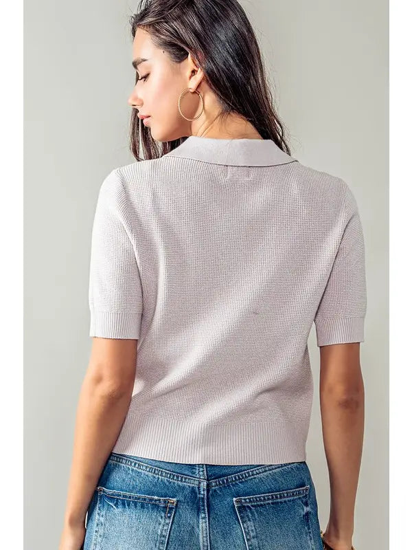 Ribbed Knit Collared Short Sleeve Polo