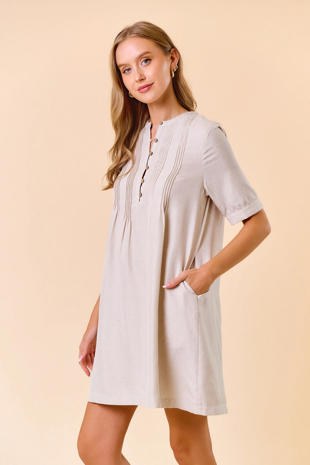 Half Button Down Pintuck Dress
