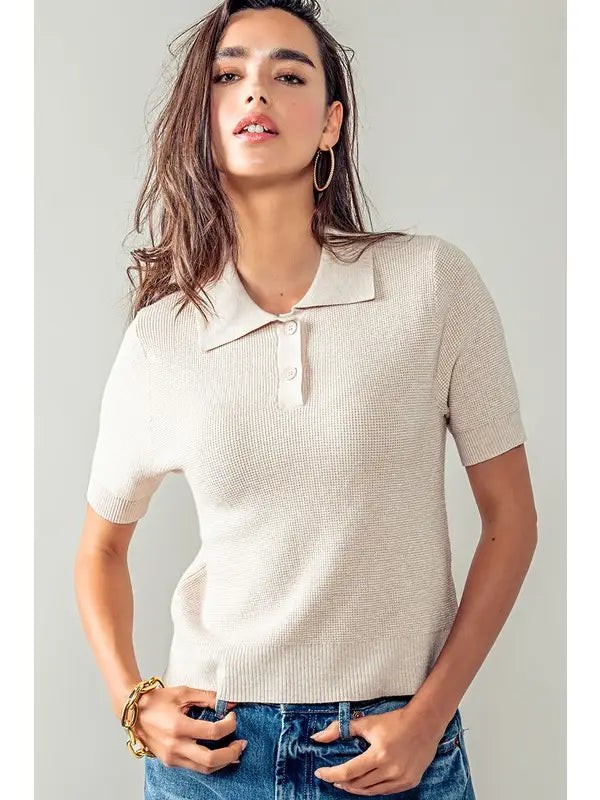 Ribbed Knit Collared Short Sleeve Polo
