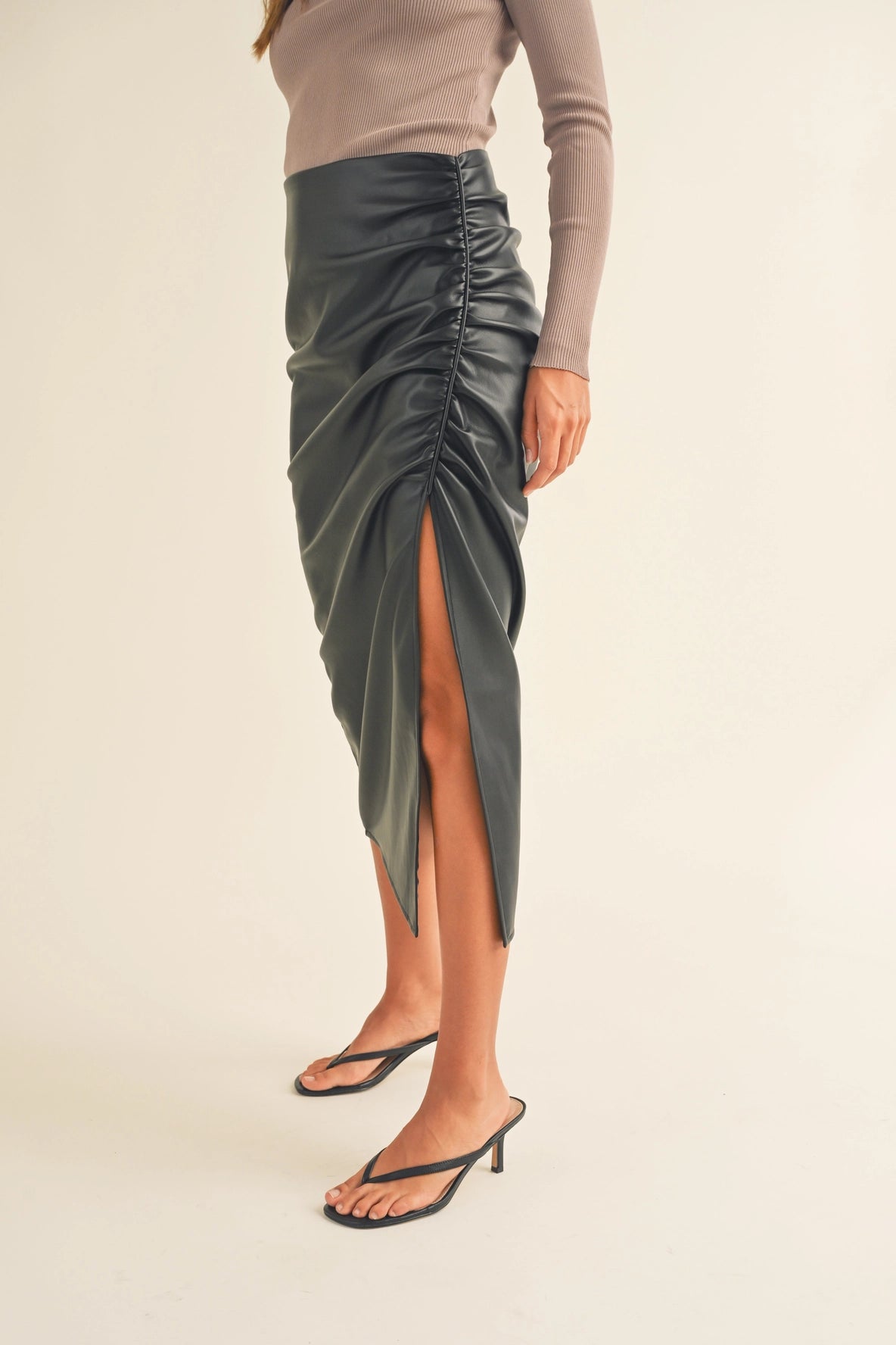 Ruched with Slit Front Faux Leather Skirt
