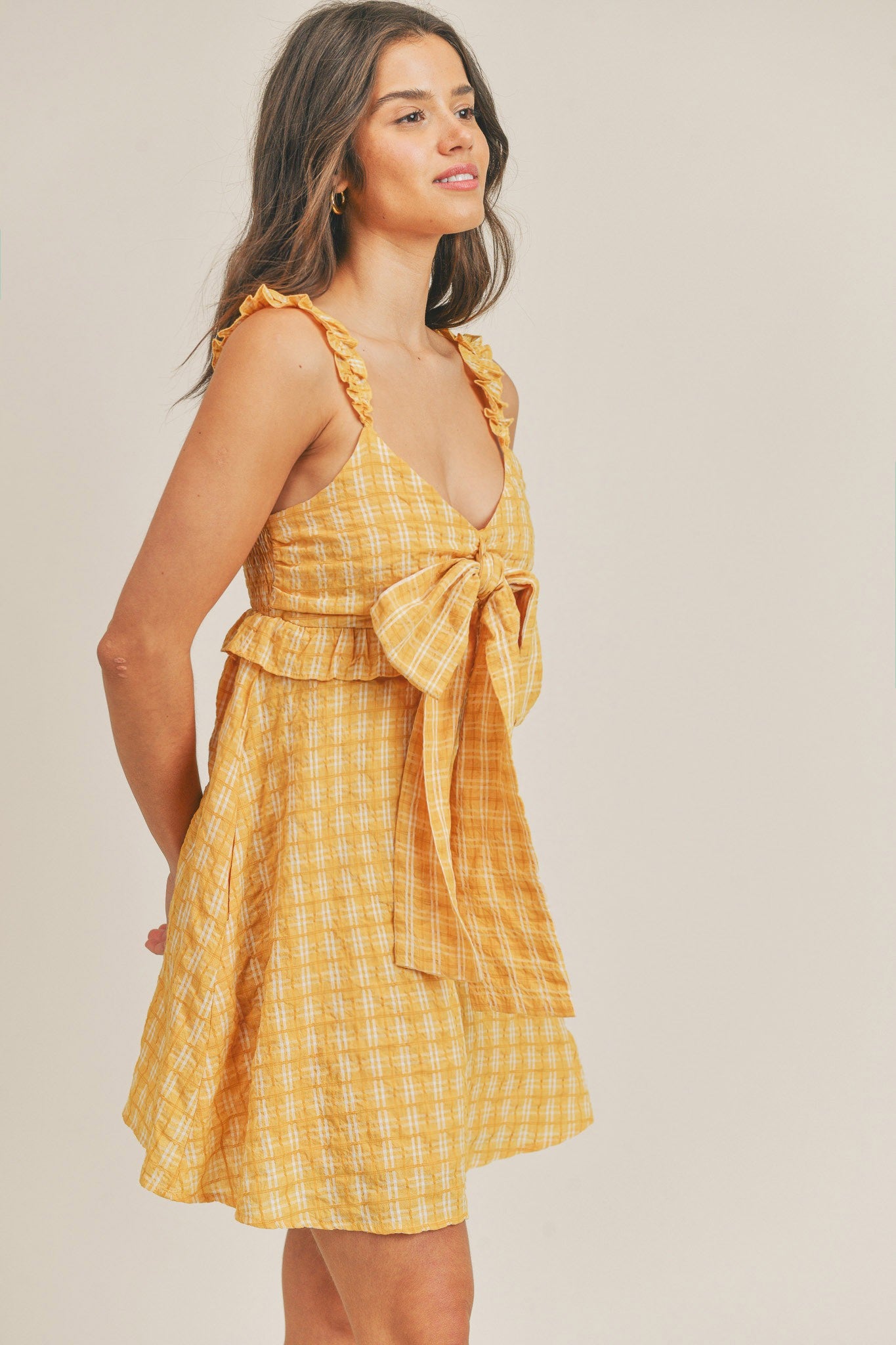 Plaid Ruffle Cami Dress with Bow