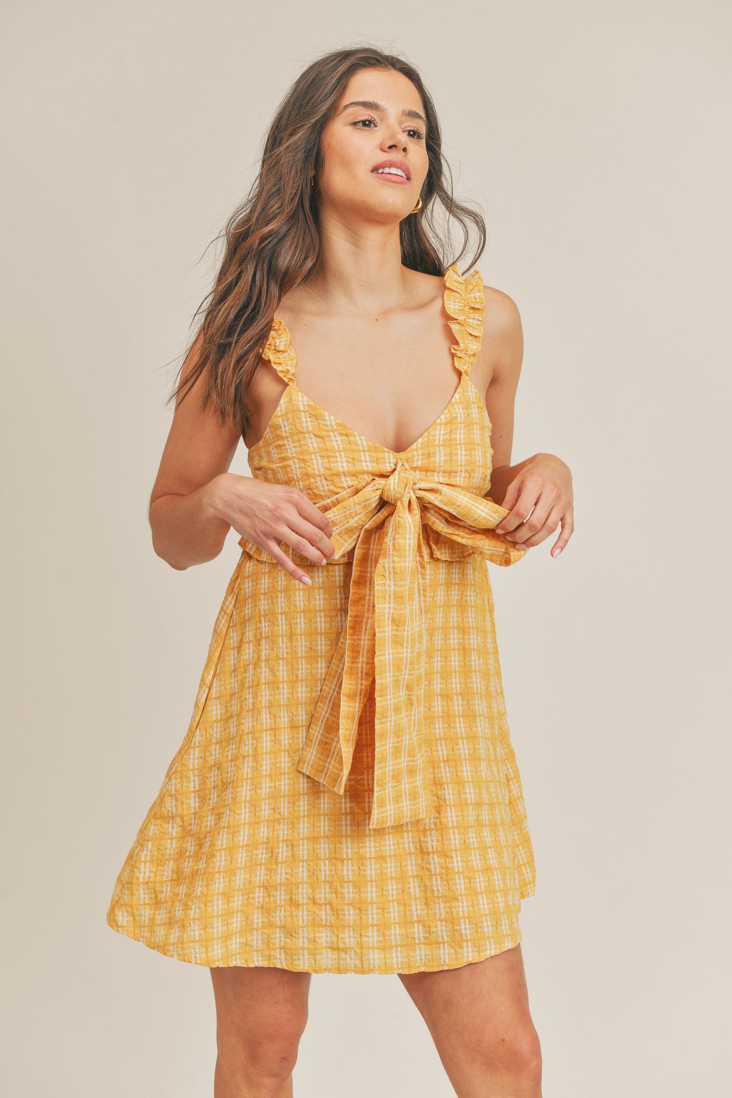 Plaid Ruffle Cami Dress with Bow