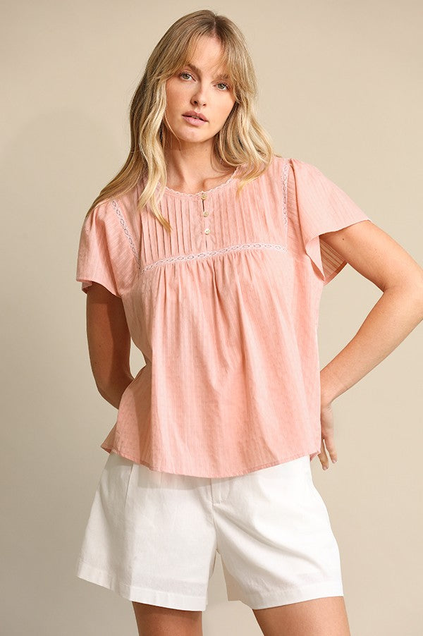 Textured Woven and Lace Detail Top