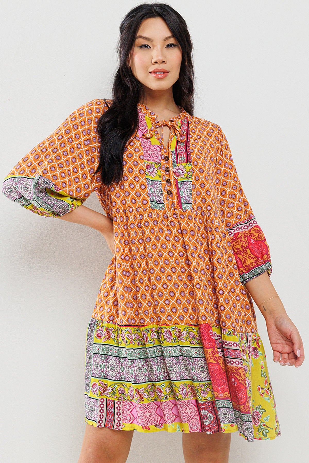 Contrast Border Printed Mini Dress