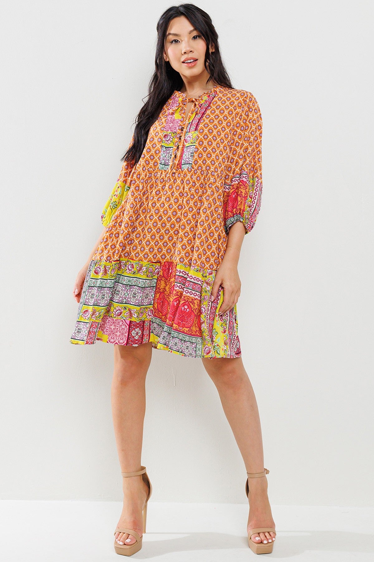 Contrast Border Printed Mini Dress