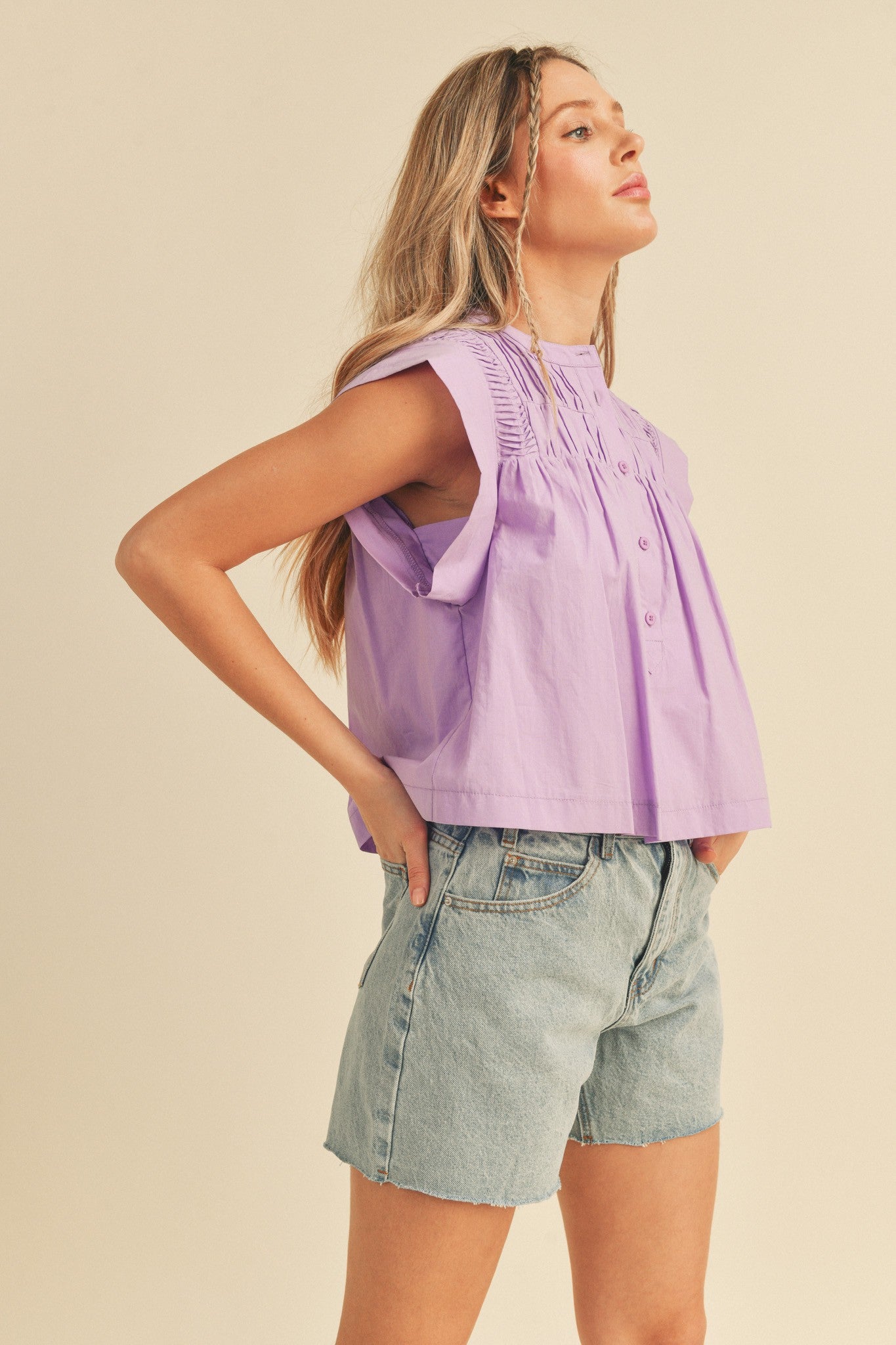 Shirring Detail Button Down Top