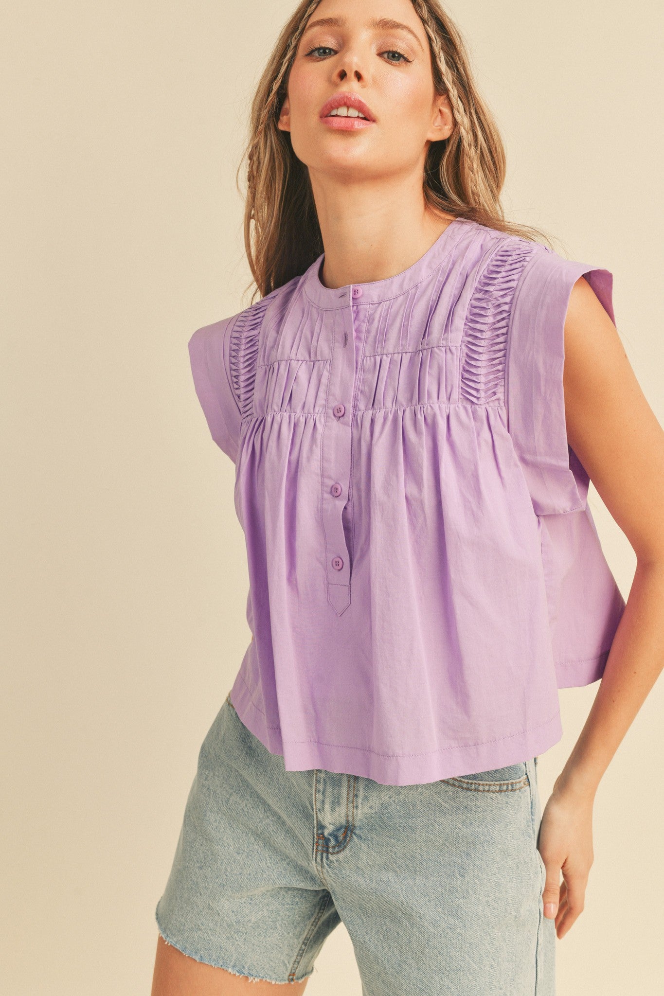Shirring Detail Button Down Top