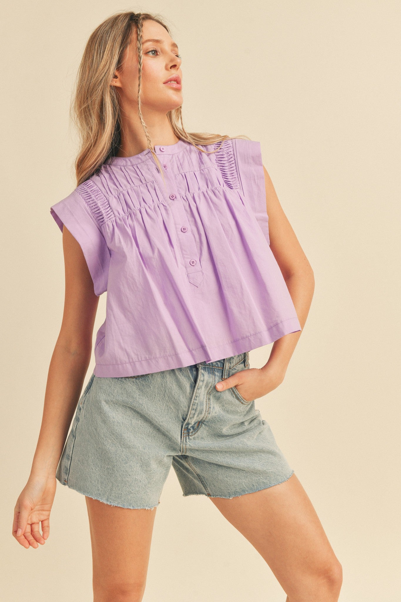 Shirring Detail Button Down Top