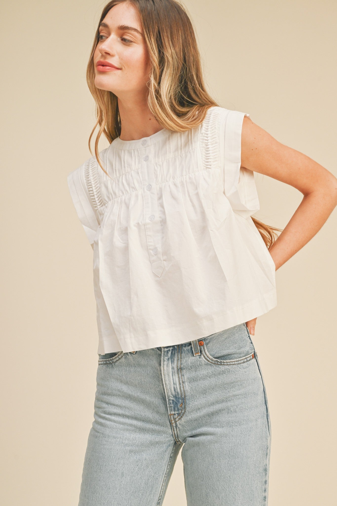 Shirring Detail Button Down Top