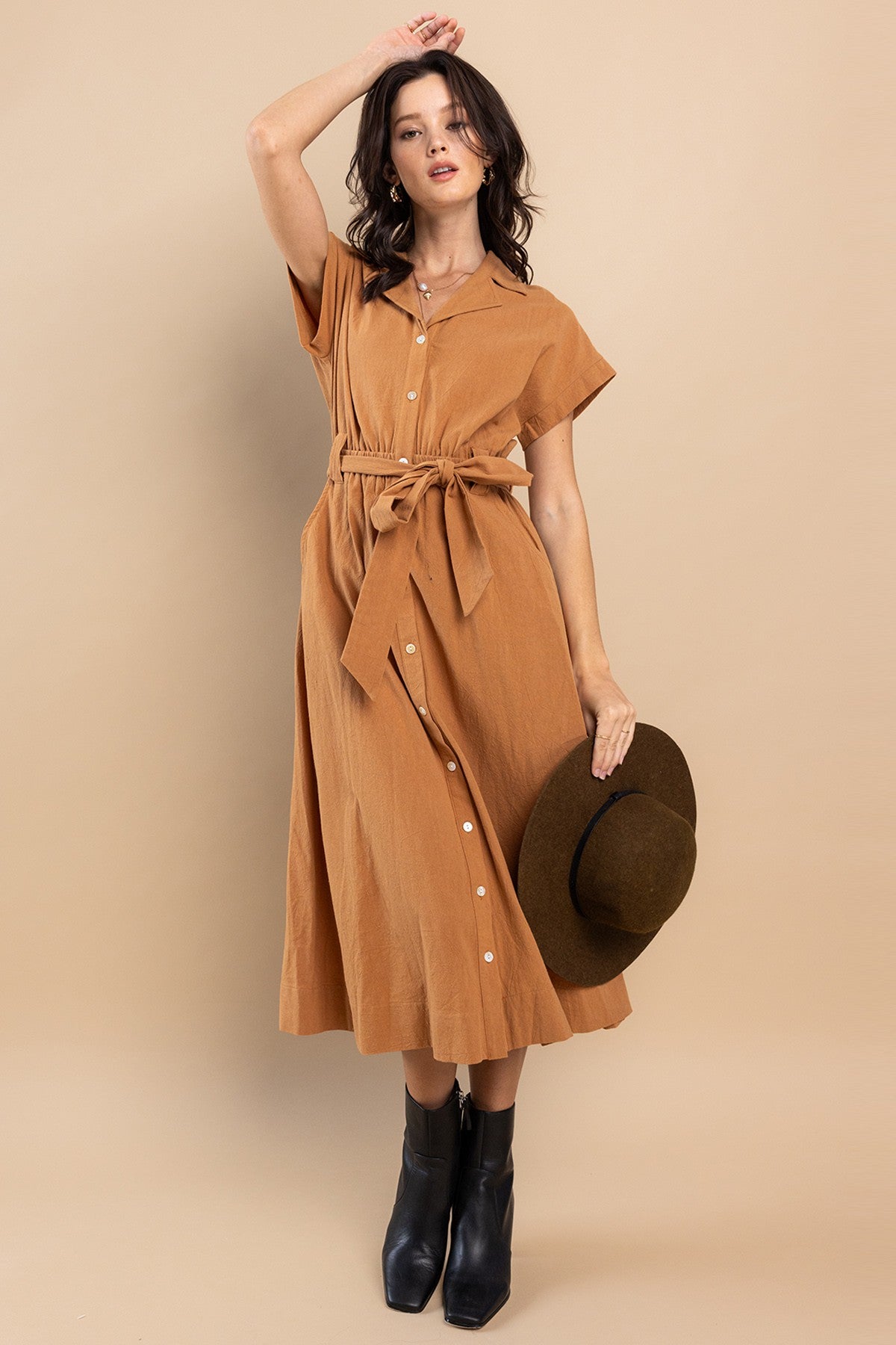 Solid Linen Self Tie Waist Long Dress