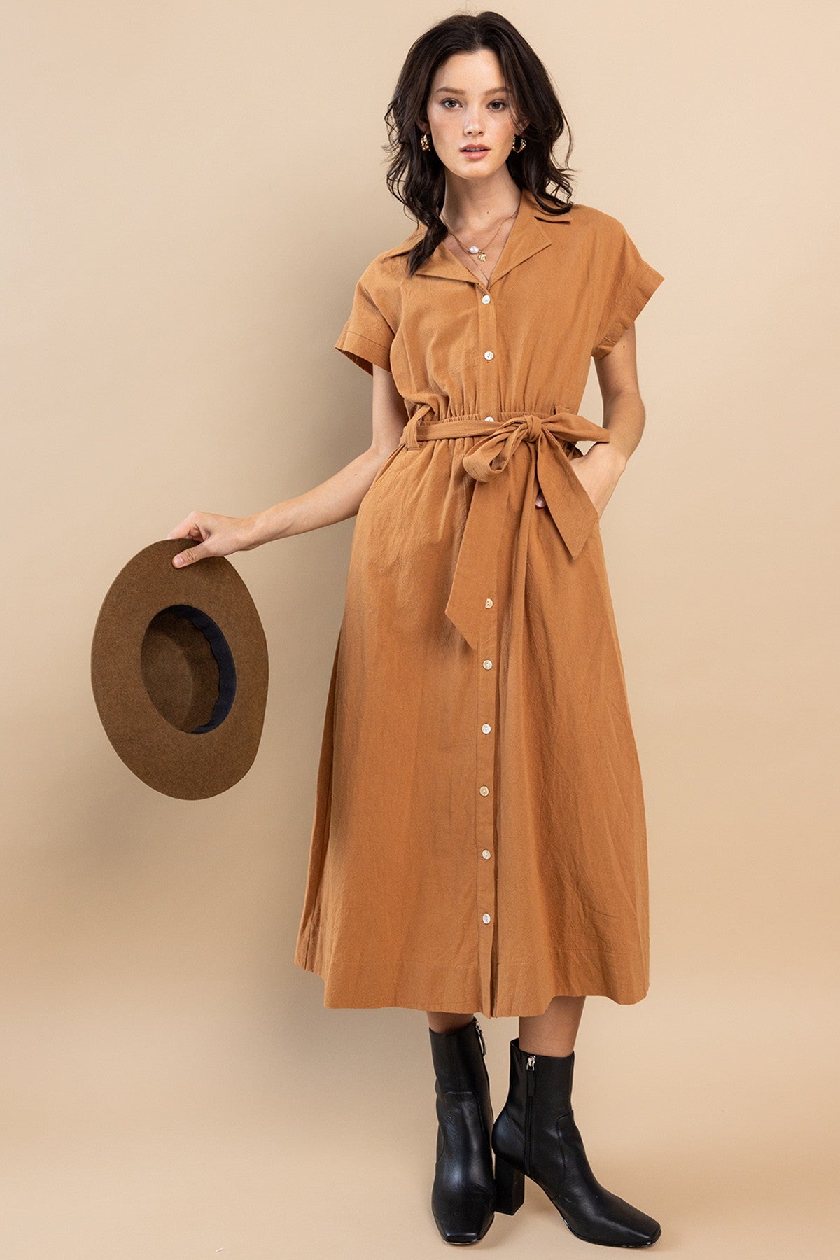 Solid Linen Self Tie Waist Long Dress