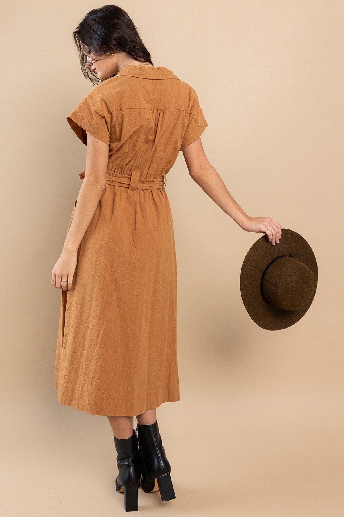 Solid Linen Self Tie Waist Long Dress