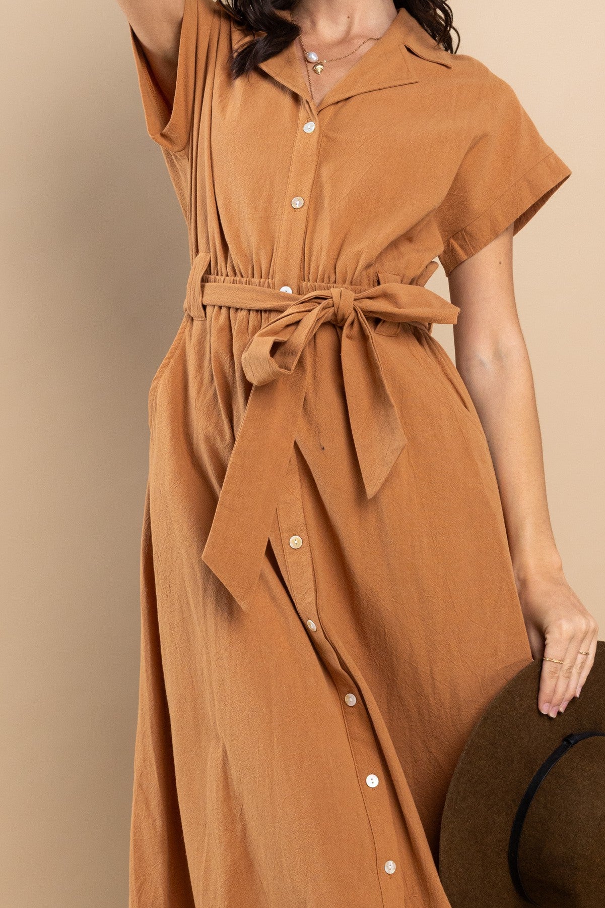 Solid Linen Self Tie Waist Long Dress