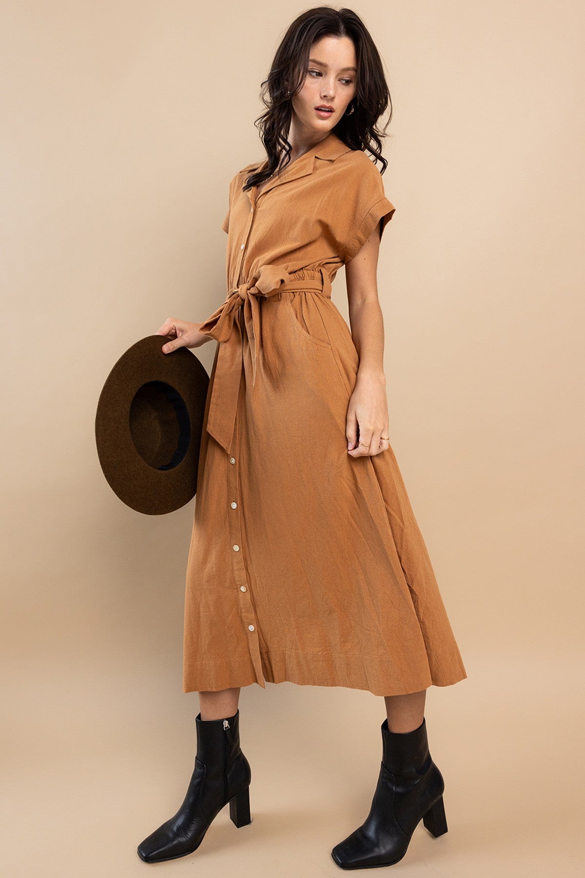 Solid Linen Self Tie Waist Long Dress