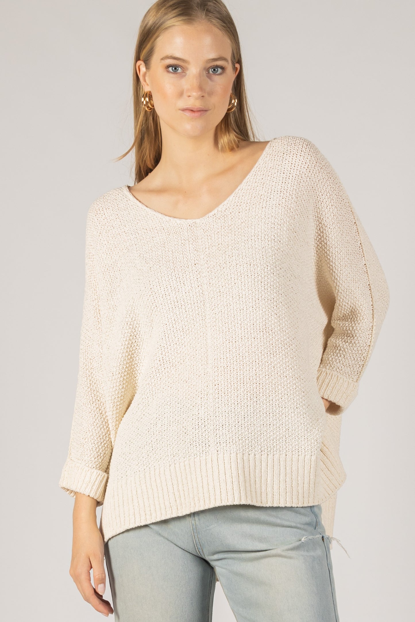 Knit 3/4 Sleeve V Neck Sweater Top