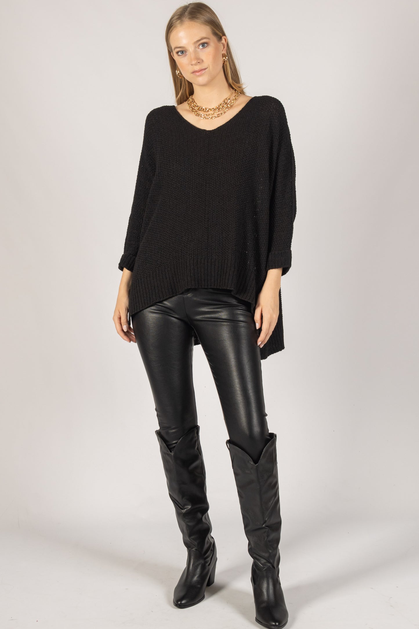 Knit 3/4 Sleeve V Neck Sweater Top