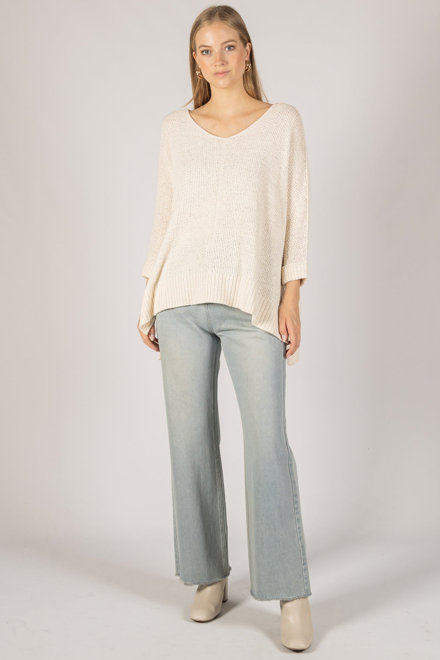 Knit 3/4 Sleeve V Neck Sweater Top