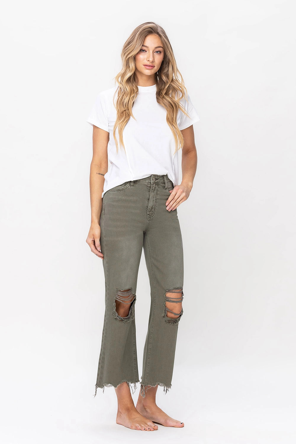 90's Vintage High Rise Crop Flare Jean | Green