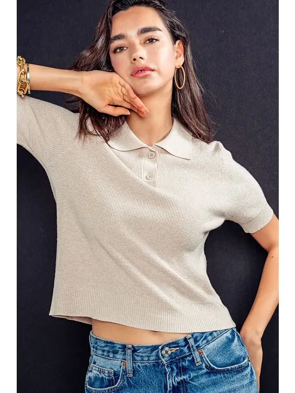 Ribbed Knit Collared Short Sleeve Polo