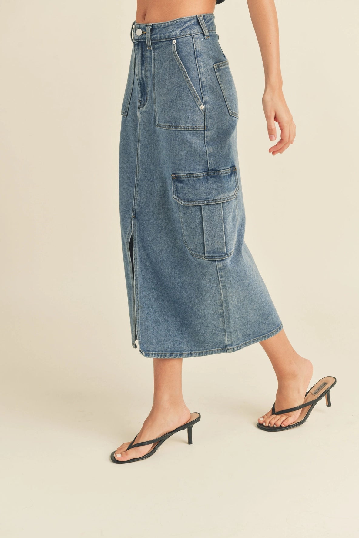Washed Stretch Denim w/ Pocker Detail Cargo Skirt