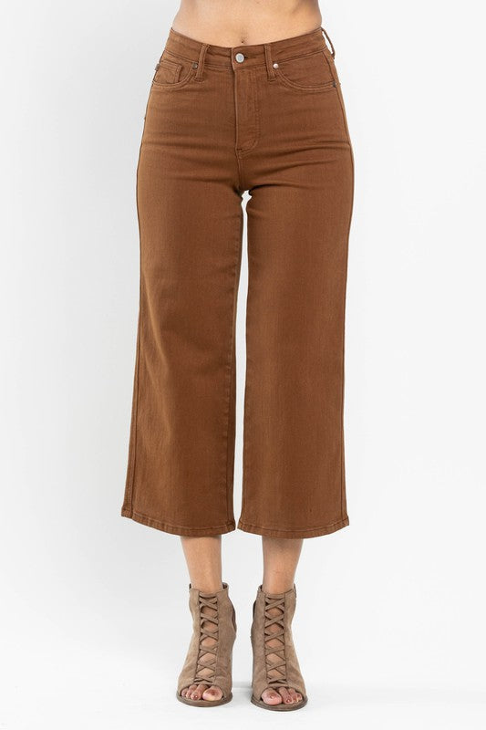 PLUS | High Waist Tummy Control Garment Dyed Wide Crop | Camel