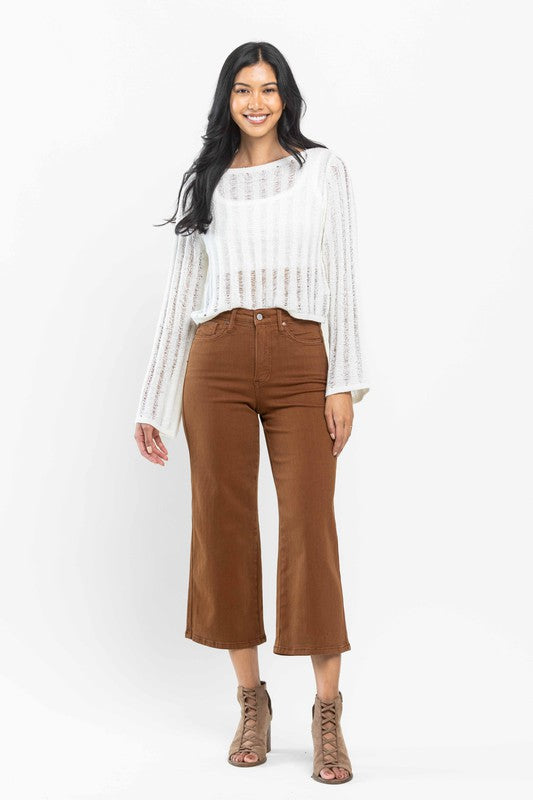 PLUS | High Waist Tummy Control Garment Dyed Wide Crop | Camel