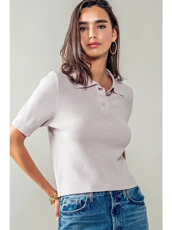Ribbed Knit Collared Short Sleeve Polo