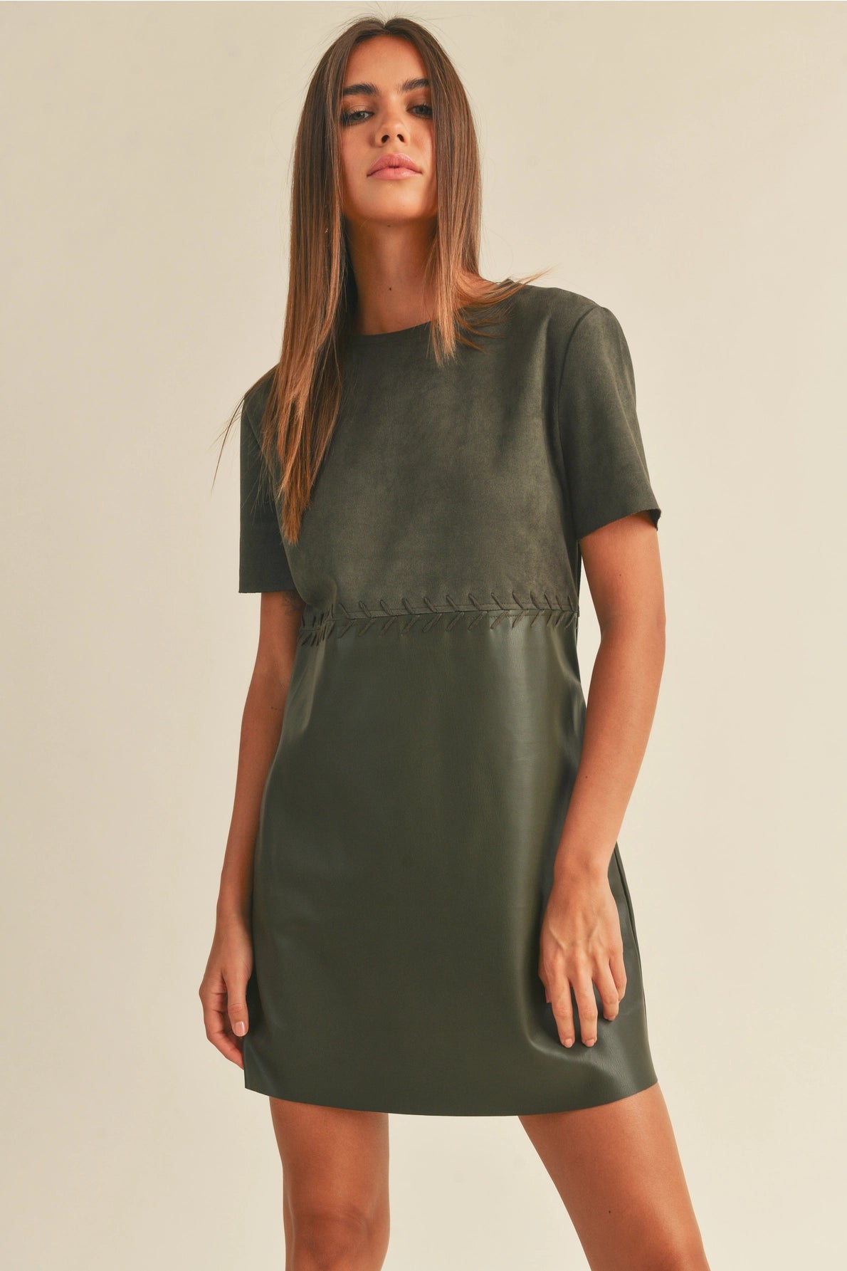 Faux Leather Suede Combo Shift Dress
