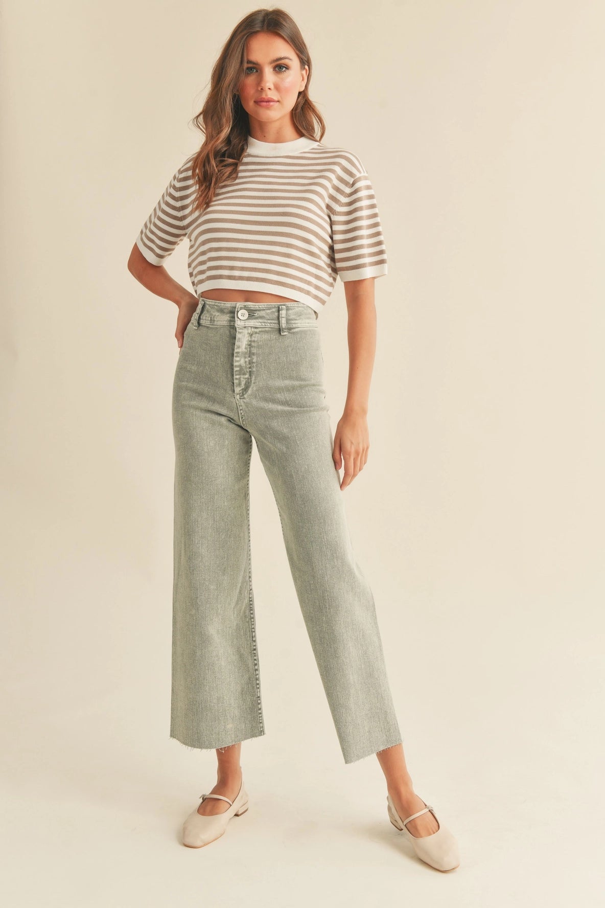 Short Sleeve Stripe Pattern Knitted Top