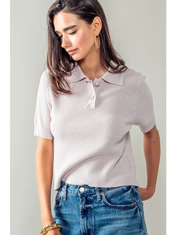 Ribbed Knit Collared Short Sleeve Polo