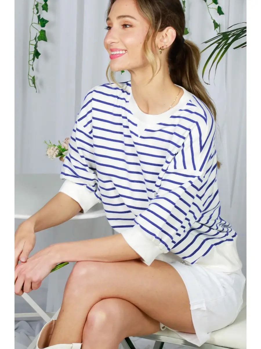 Crew Neck 1/2 Sleeve Cotton Strip Sweatshirt Top
