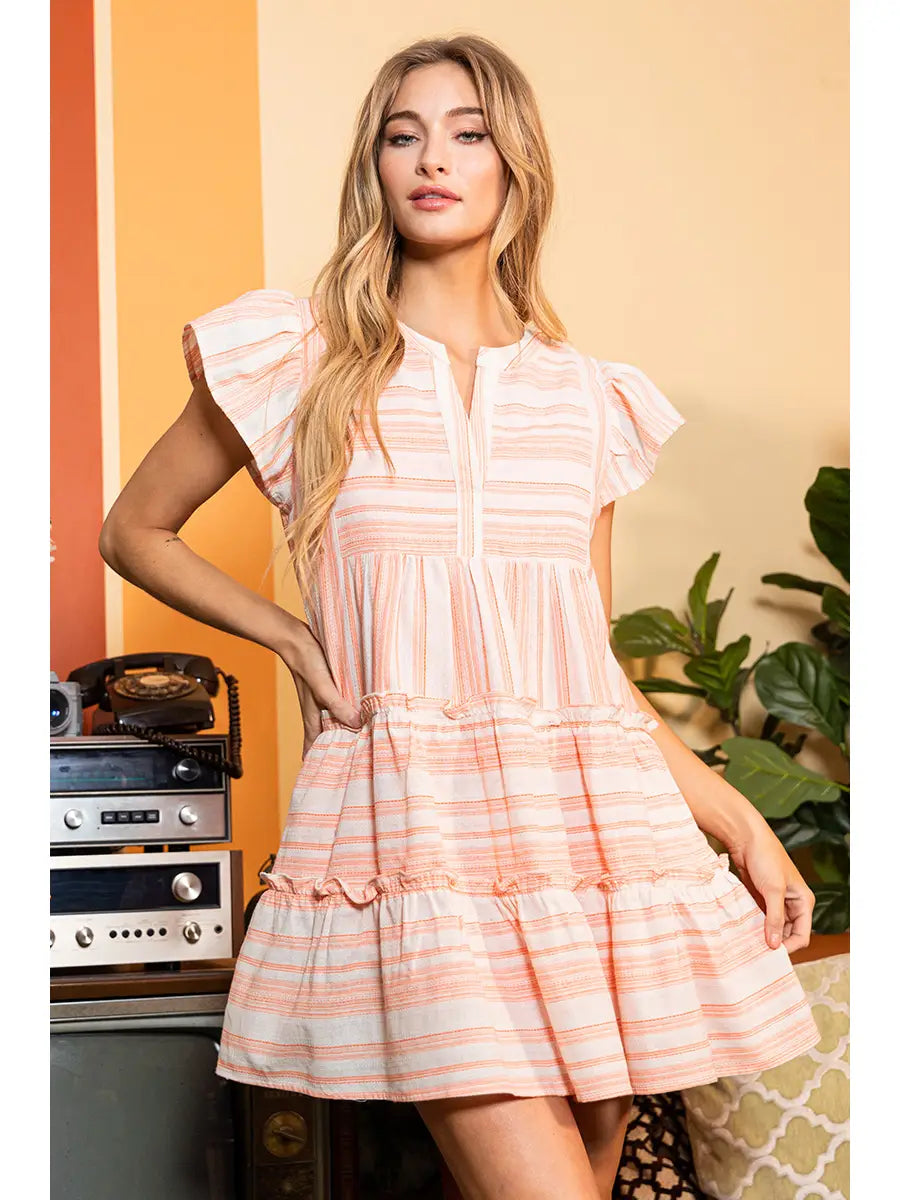 Linen Stripe Ruffle Sleeve Mini Dress