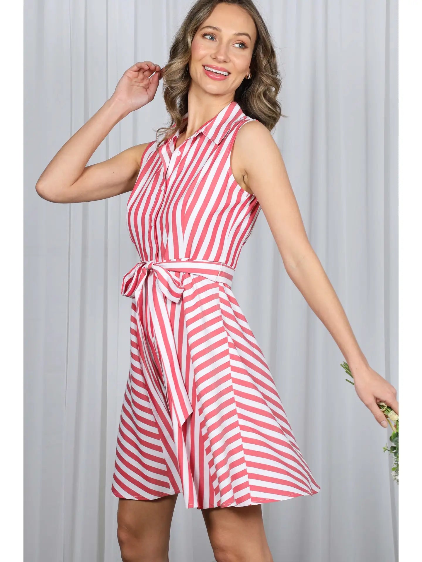 Sleeveless Self Tie Striped Shirt Dress