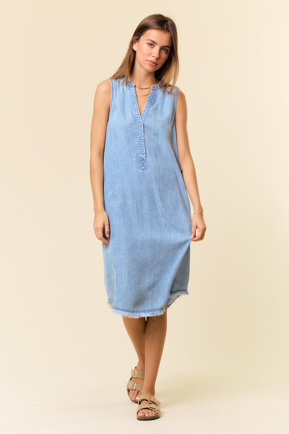 Tencel Denim Knee Length Sleeveless Henley Dress