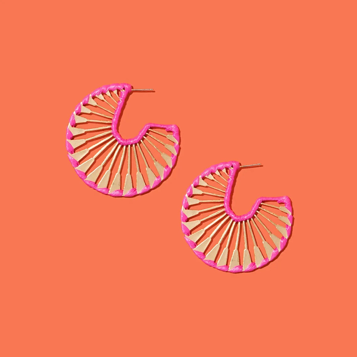Rattan Wrapped Gold Fan Hoops | Hot Pink
