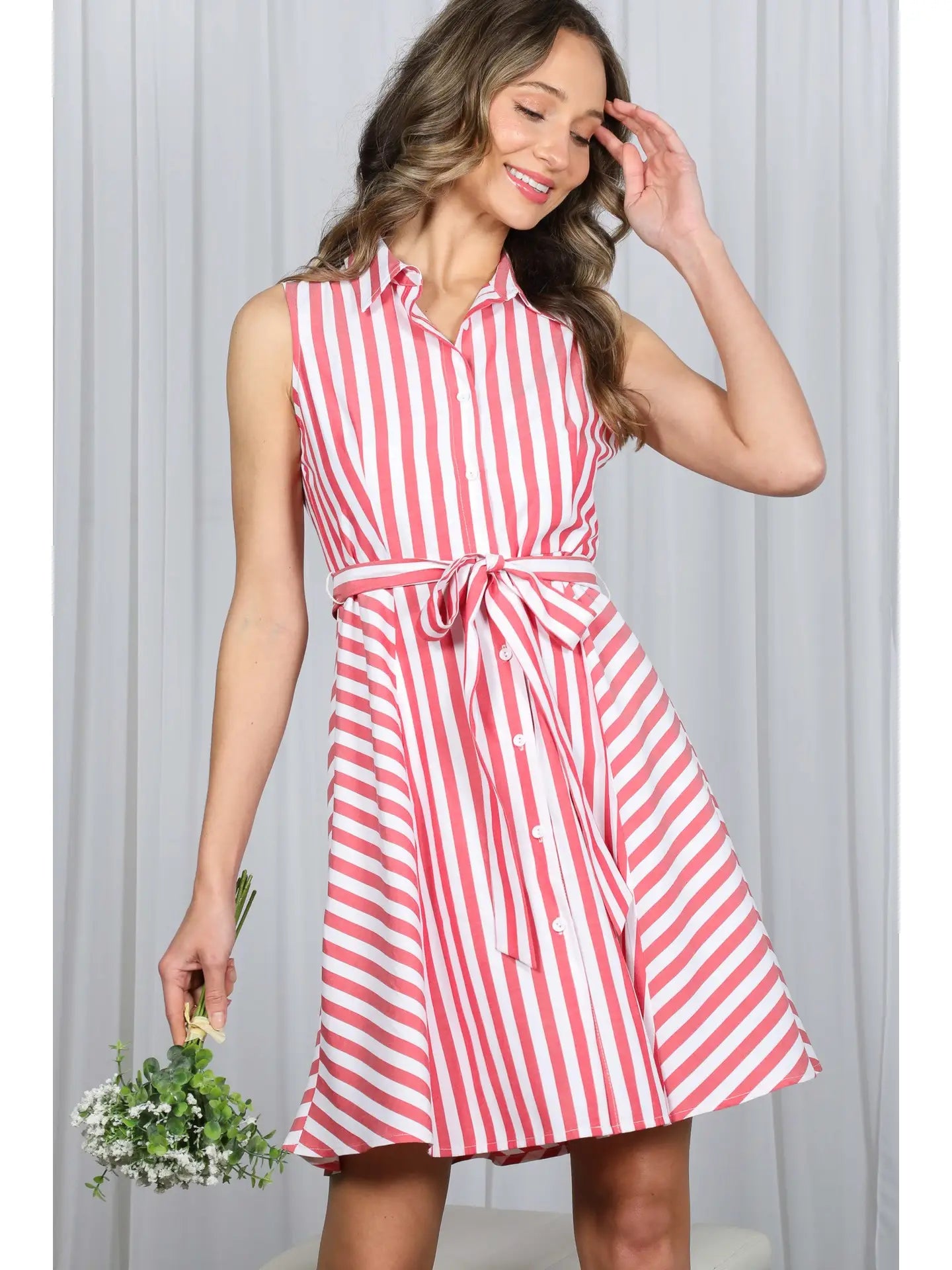 Sleeveless Self Tie Striped Shirt Dress