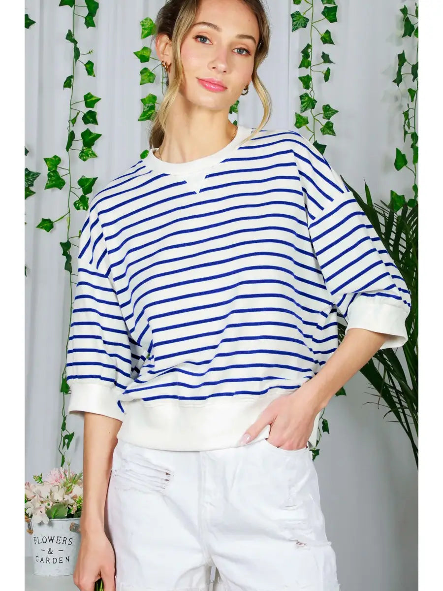 Crew Neck 1/2 Sleeve Cotton Strip Sweatshirt Top