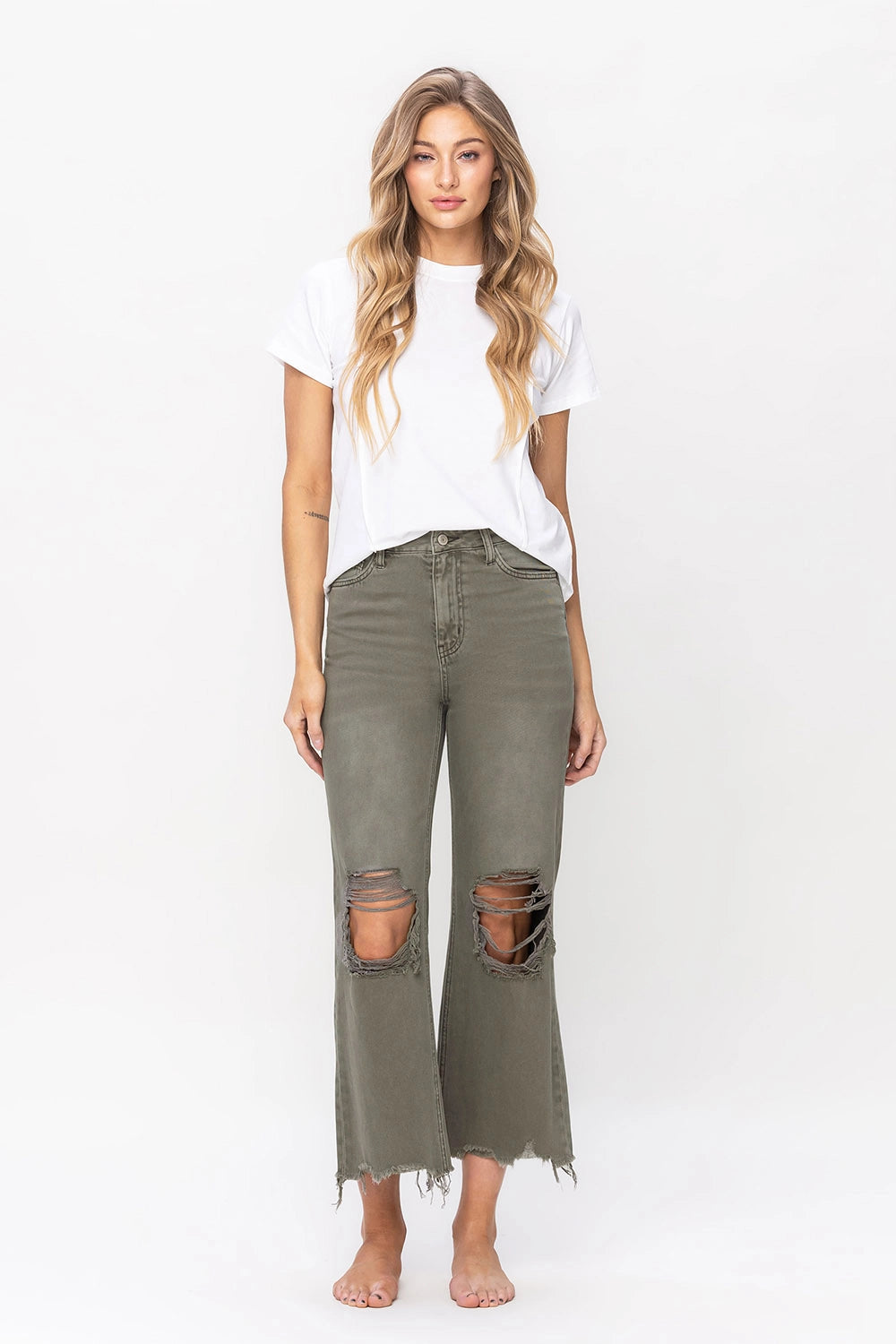 90's Vintage High Rise Crop Flare Jean | Green