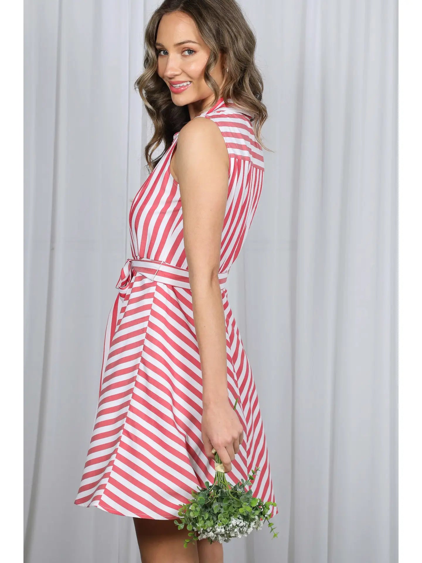 Sleeveless Self Tie Striped Shirt Dress