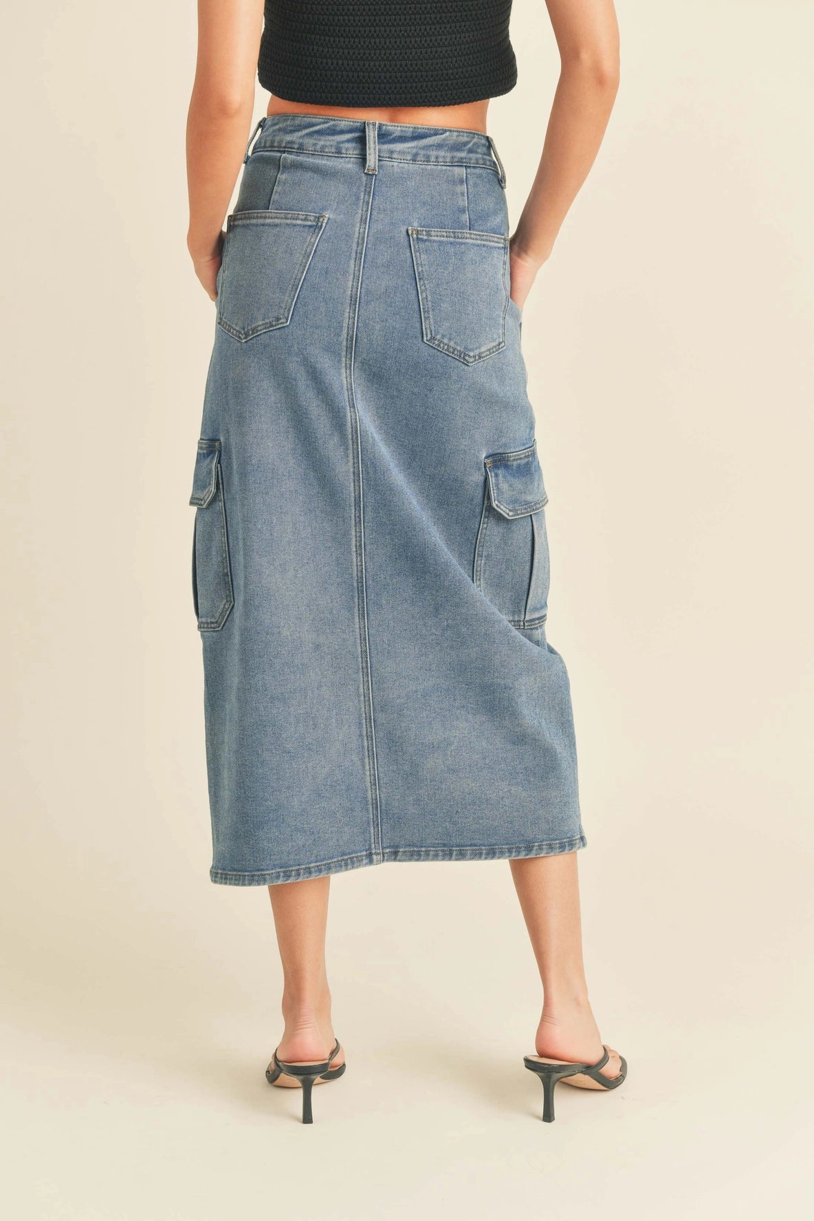 Washed Stretch Denim w/ Pocker Detail Cargo Skirt