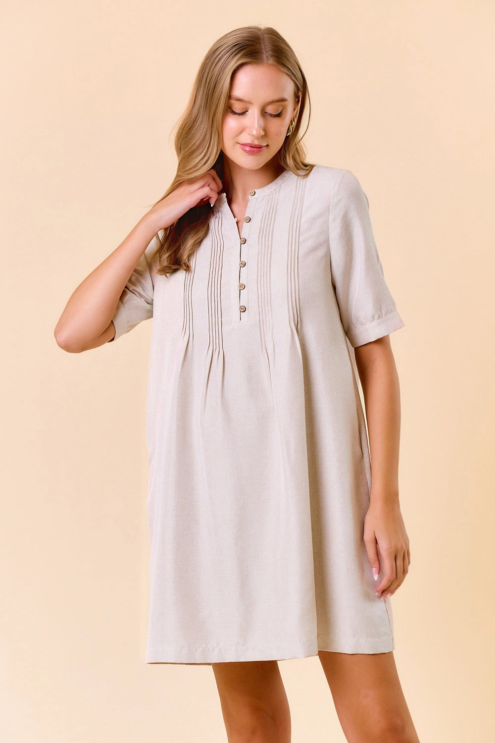 Half Button Down Pintuck Dress