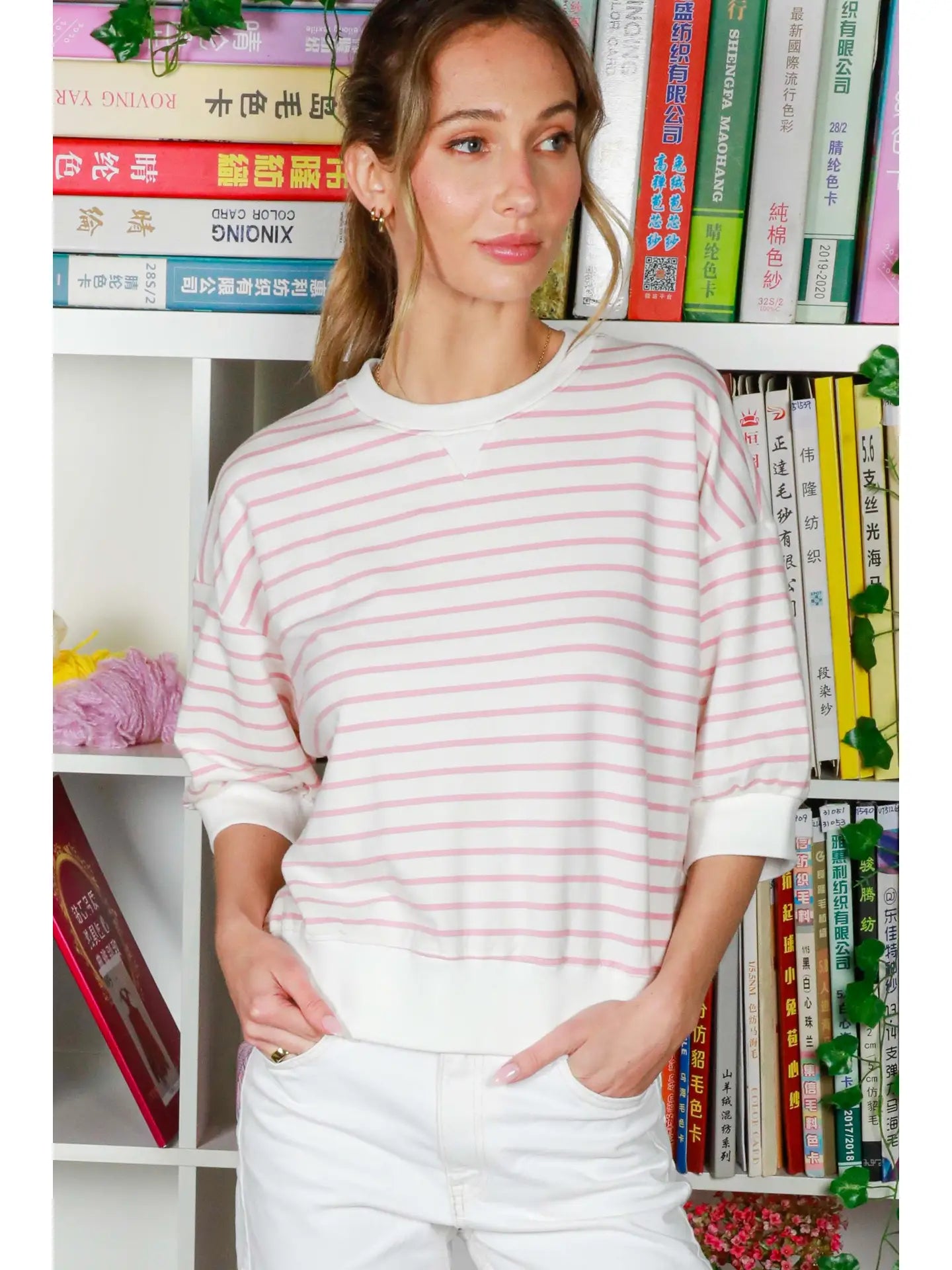 Crew Neck 1/2 Sleeve Cotton Strip Sweatshirt Top