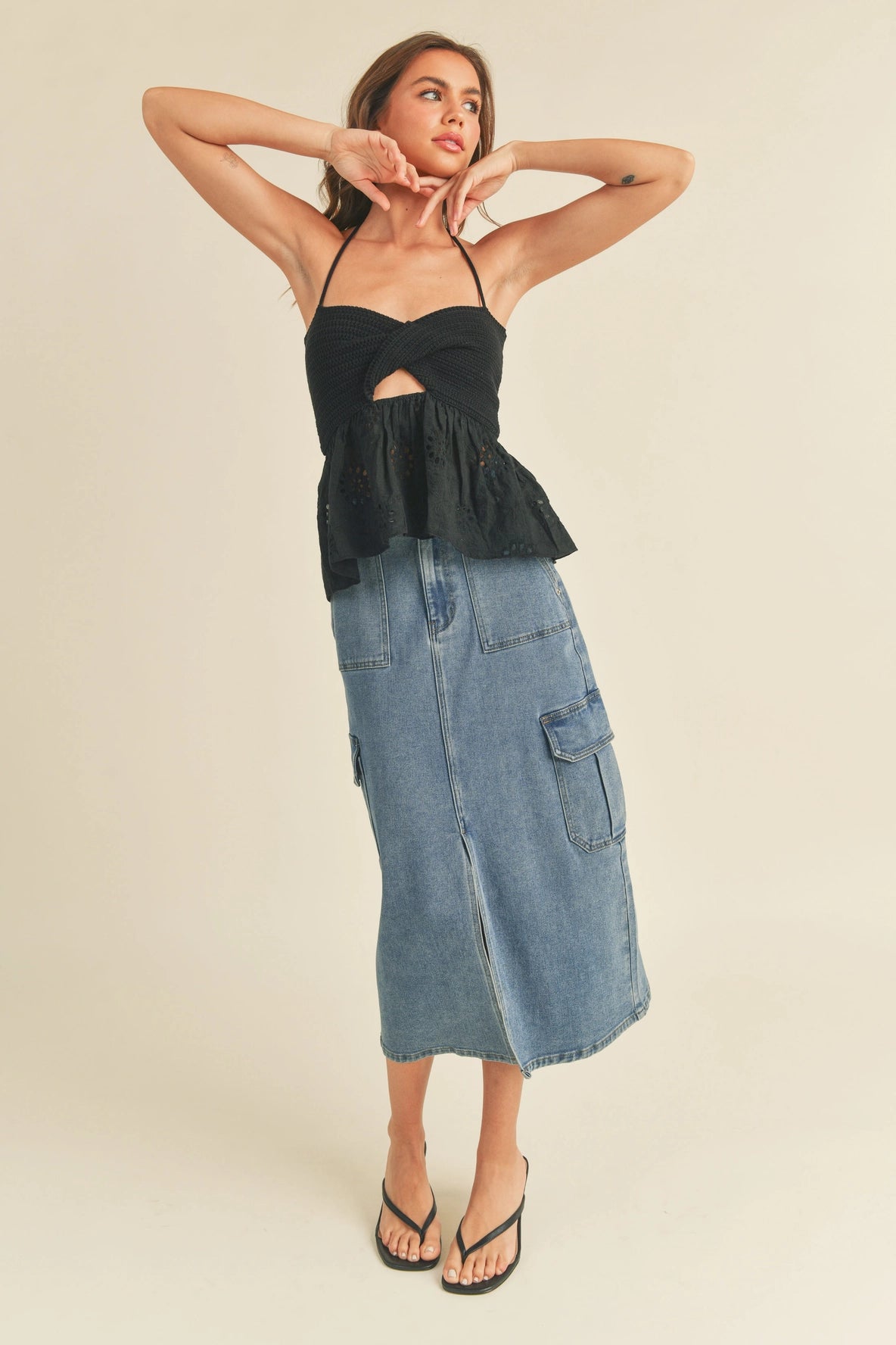 Washed Stretch Denim w/ Pocker Detail Cargo Skirt