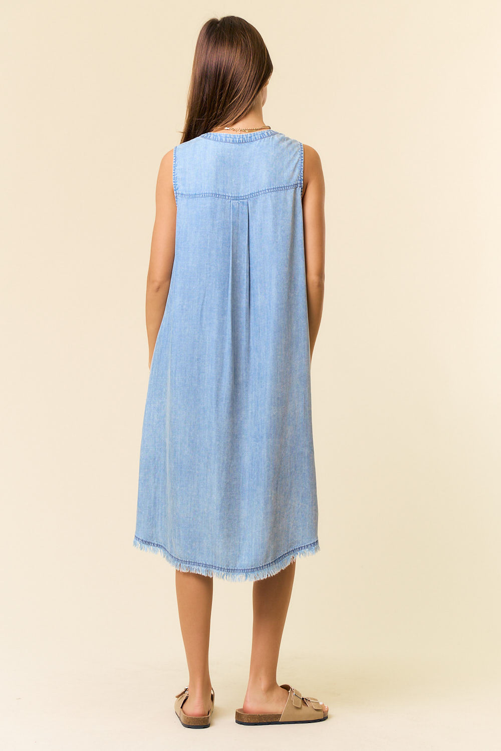 Tencel Denim Knee Length Sleeveless Henley Dress