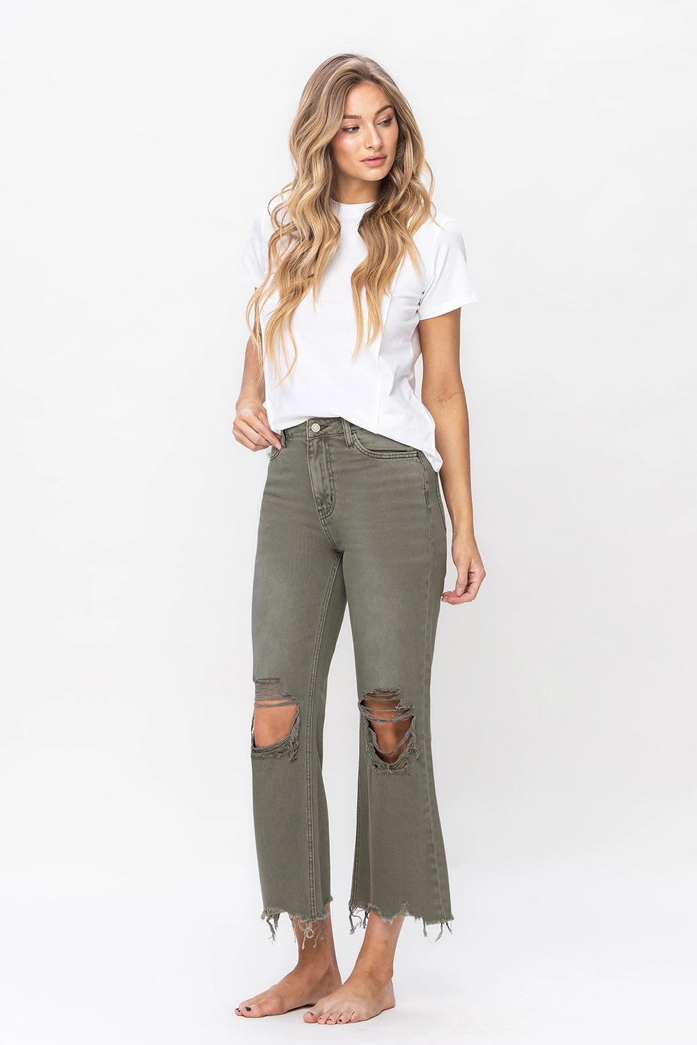 90's Vintage High Rise Crop Flare Jean | Green