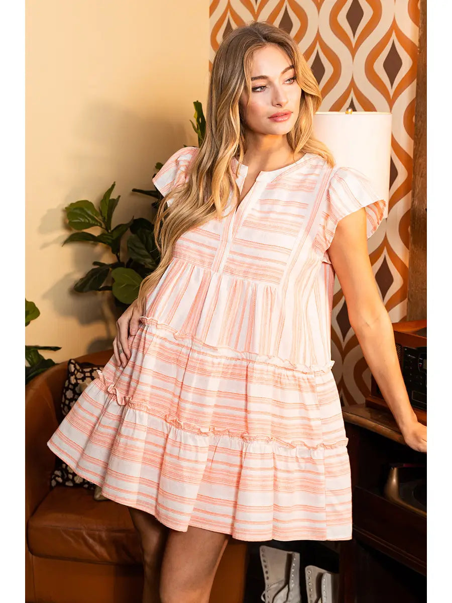 Linen Stripe Ruffle Sleeve Mini Dress