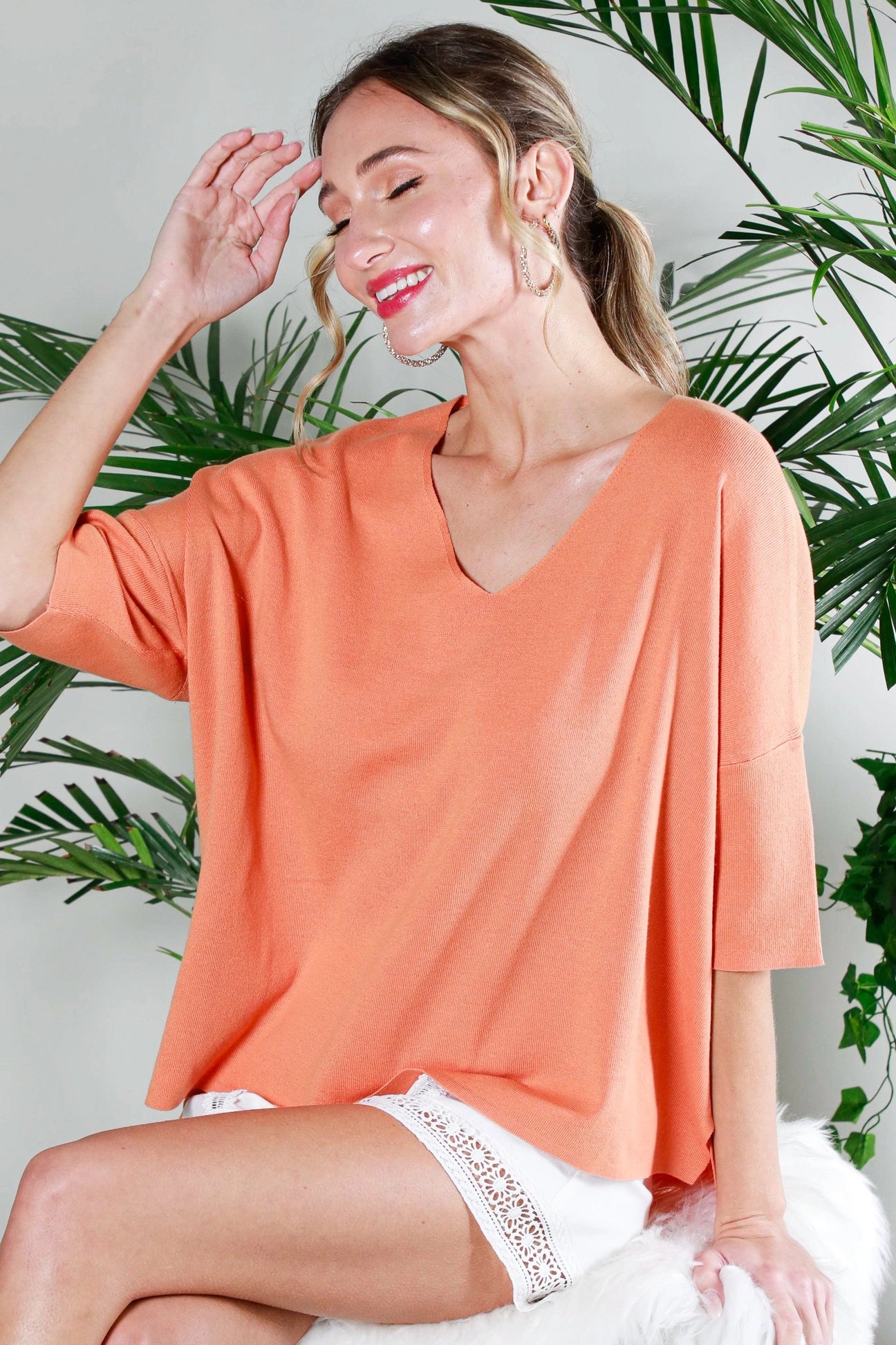 V-Neck Short Cotton Sweater Top