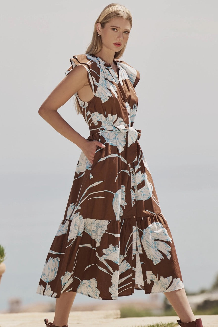 Zico Floral Charlotte Button Midi Dress BROWN-WHT / M by Sugarlips