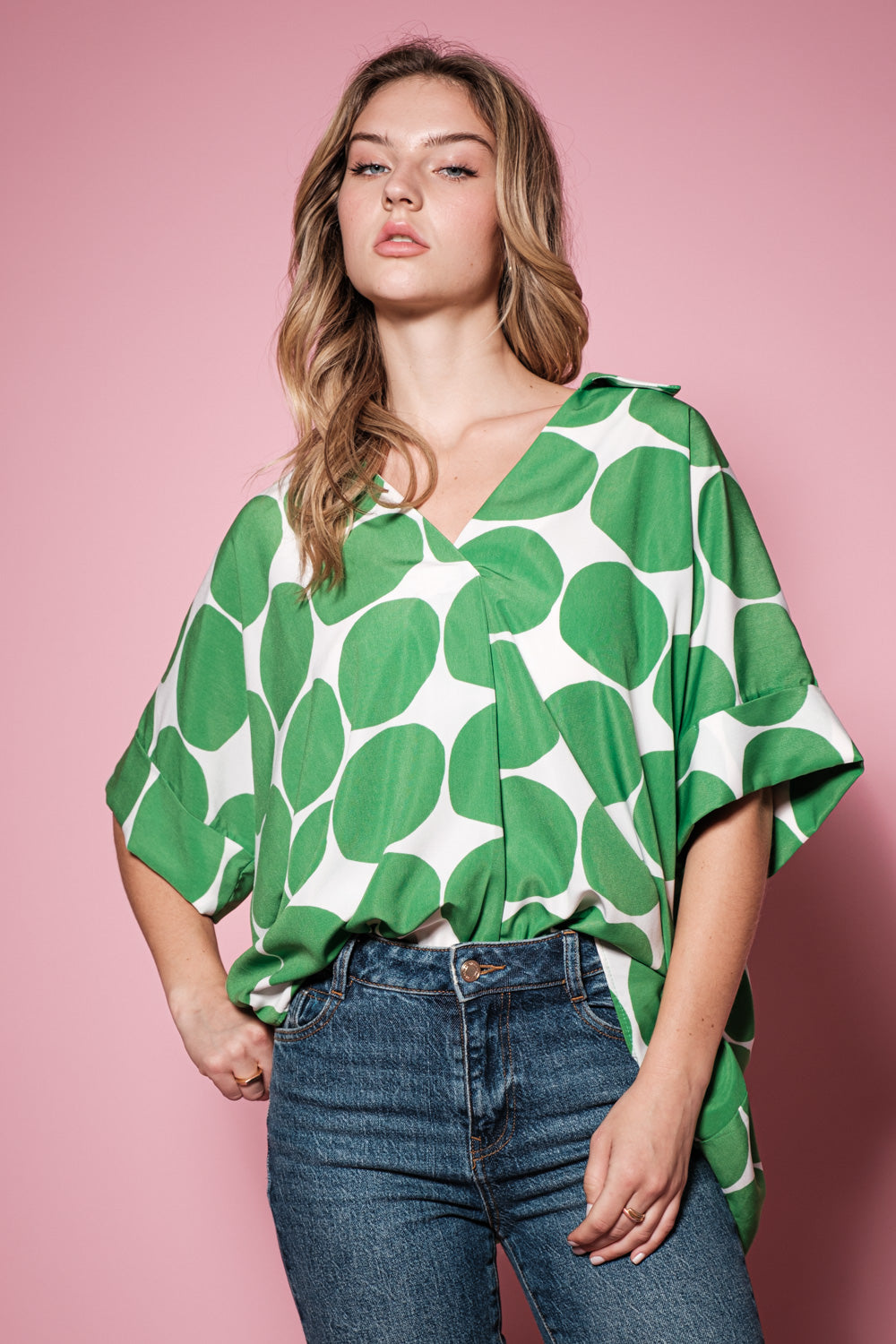 Dotted Roll-Up Sleeve Collared Tunic Top